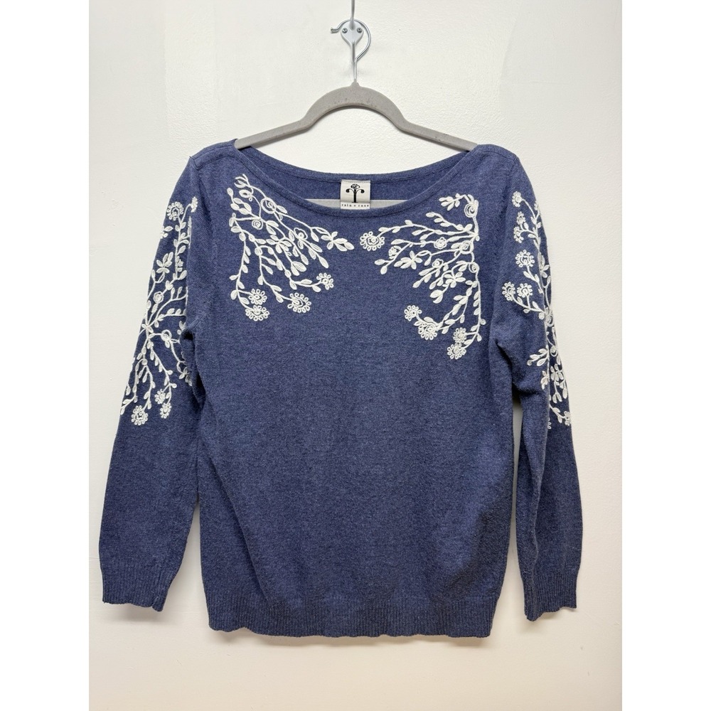 Rain + Rose Sweater‎ Medium Blue Embroidered Floral Angora Blend Boho Top #67
